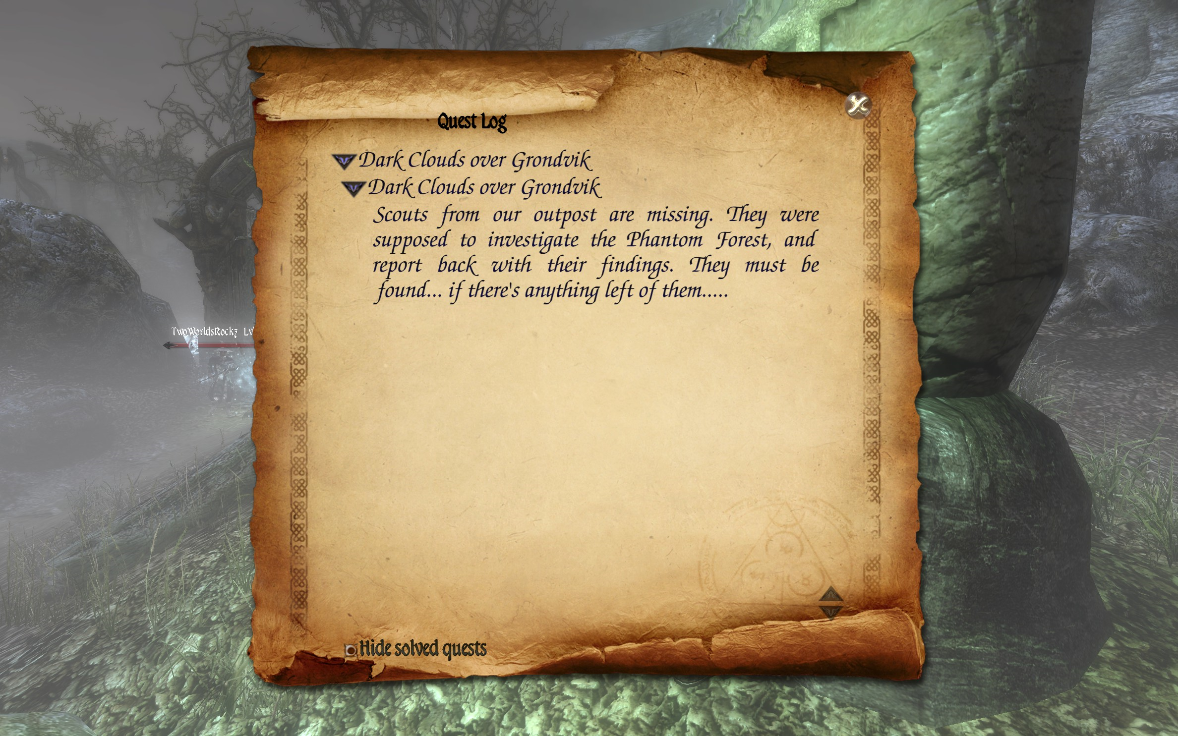 Two Worlds II PotFF - Dark Clouds over Grondvik quest log 2.png