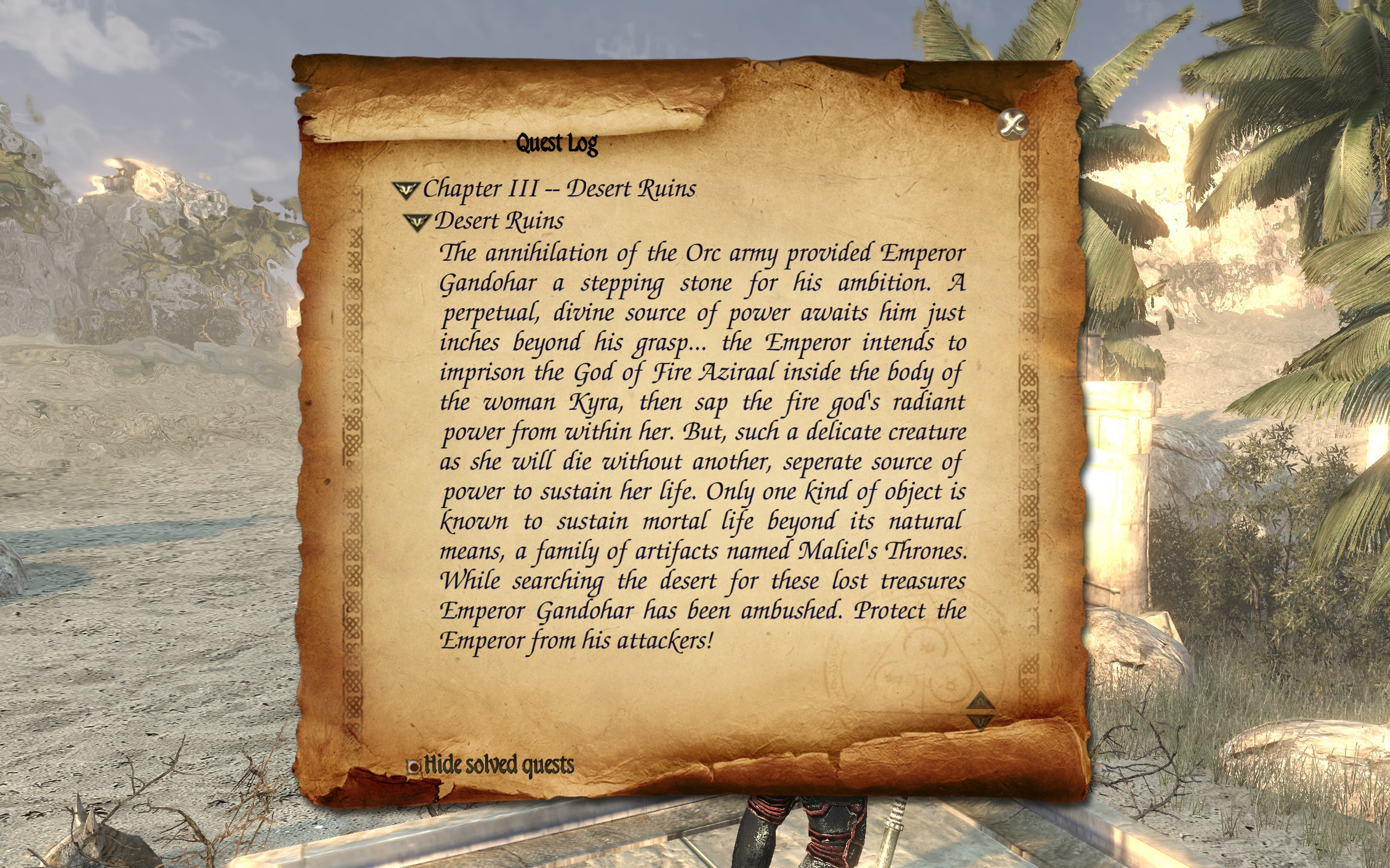 Two Worlds II Defense - Desert Ruins quest log 1.png