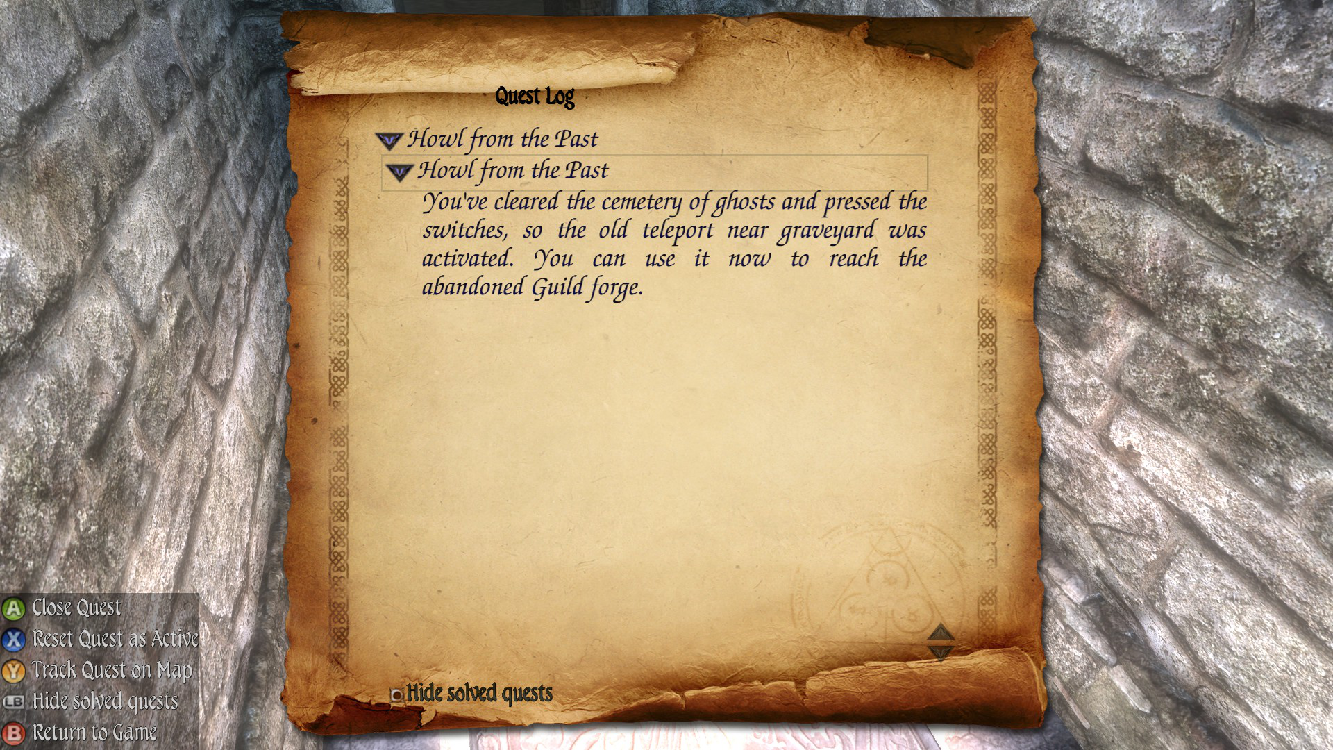 Two Worlds II PotFF - Howl from the Past quest log 9.png