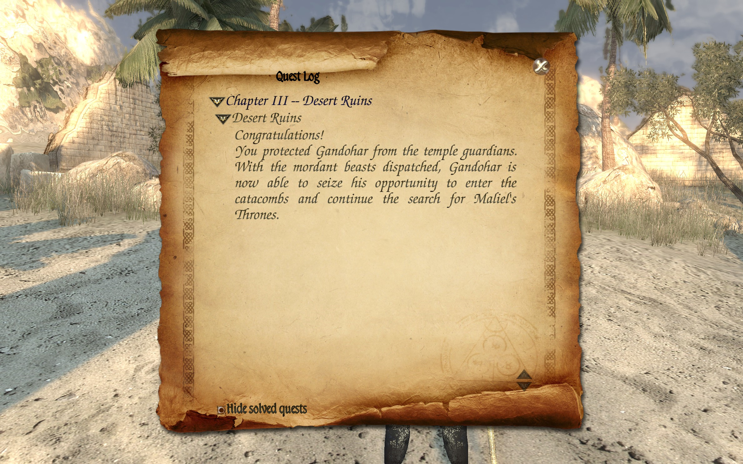 Two Worlds II Defense - Desert Ruins quest log 2.png