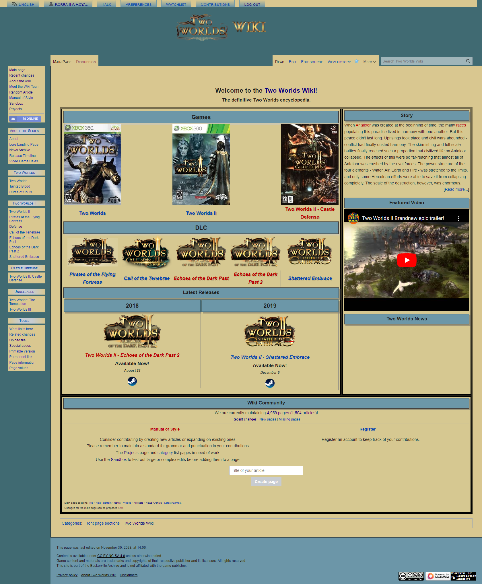 Two Worlds Wiki Home Page on November 30 2023.png
